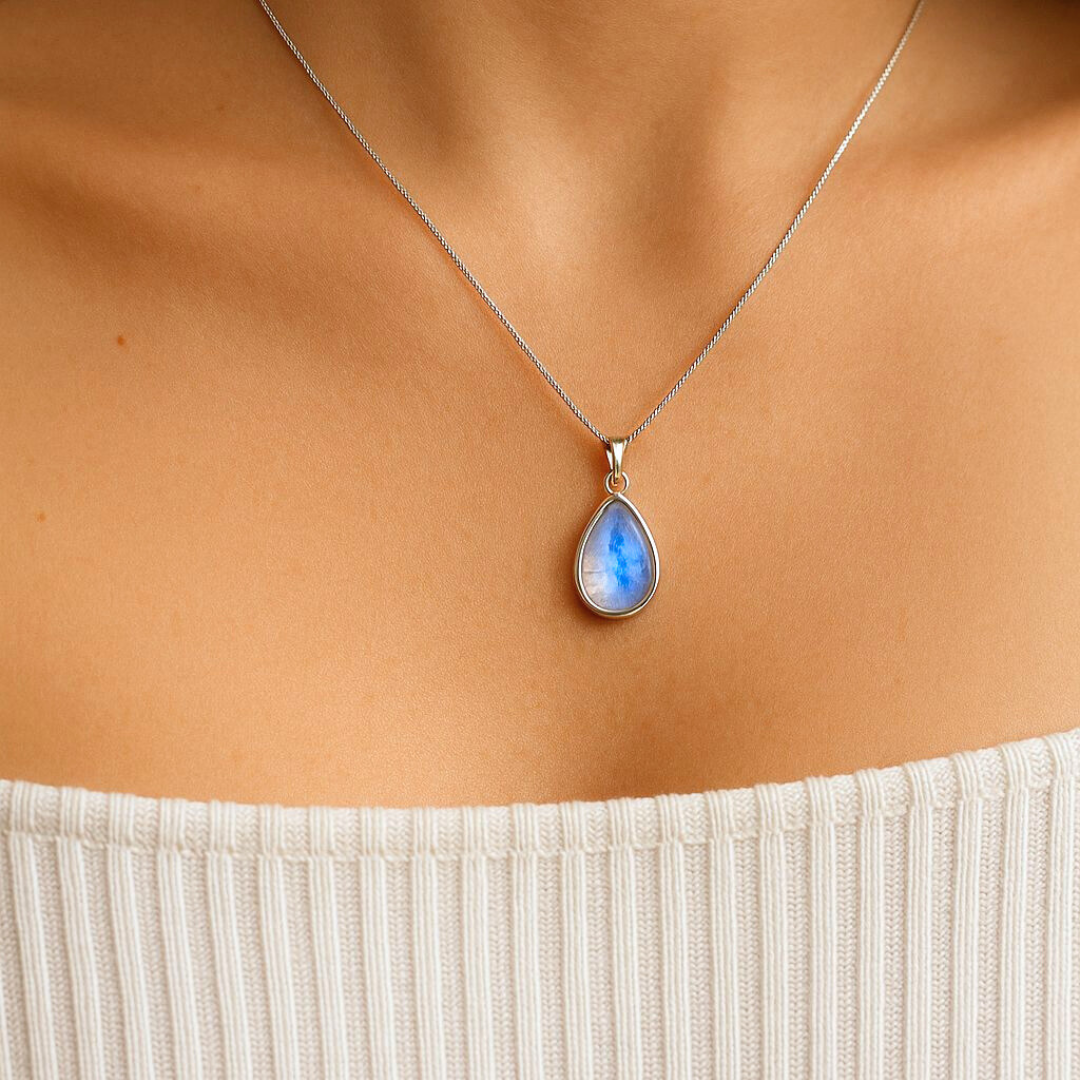 Regenbogen Mondstein Kette I Echtsilber 925 in AA Qualität